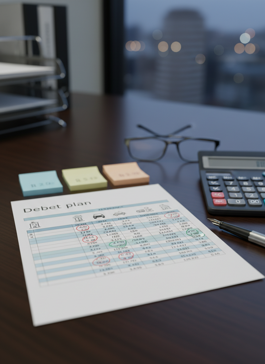 A photographic close-up of a detailed debt management plan in progress, spread across a dark walnut desk. A crisp white worksheet is divided into neat sections using soft blue and green highlight bars, with columns of numbers aligned under abstract category symbols instead of text. Color-coded sticky notes form a tidy row at the top edge, suggesting different creditors and priorities. A sleek gray calculator, a metal pen, and a pair of thin-framed reading glasses rest nearby. Overhead, cool but gentle office lighting creates even illumination with subtle reflections on the calculator buttons. The background fades into a soft blur of a file organizer and a muted city view through a window, evoking a serious yet encouraging mood focused on taking control of debt step by step.