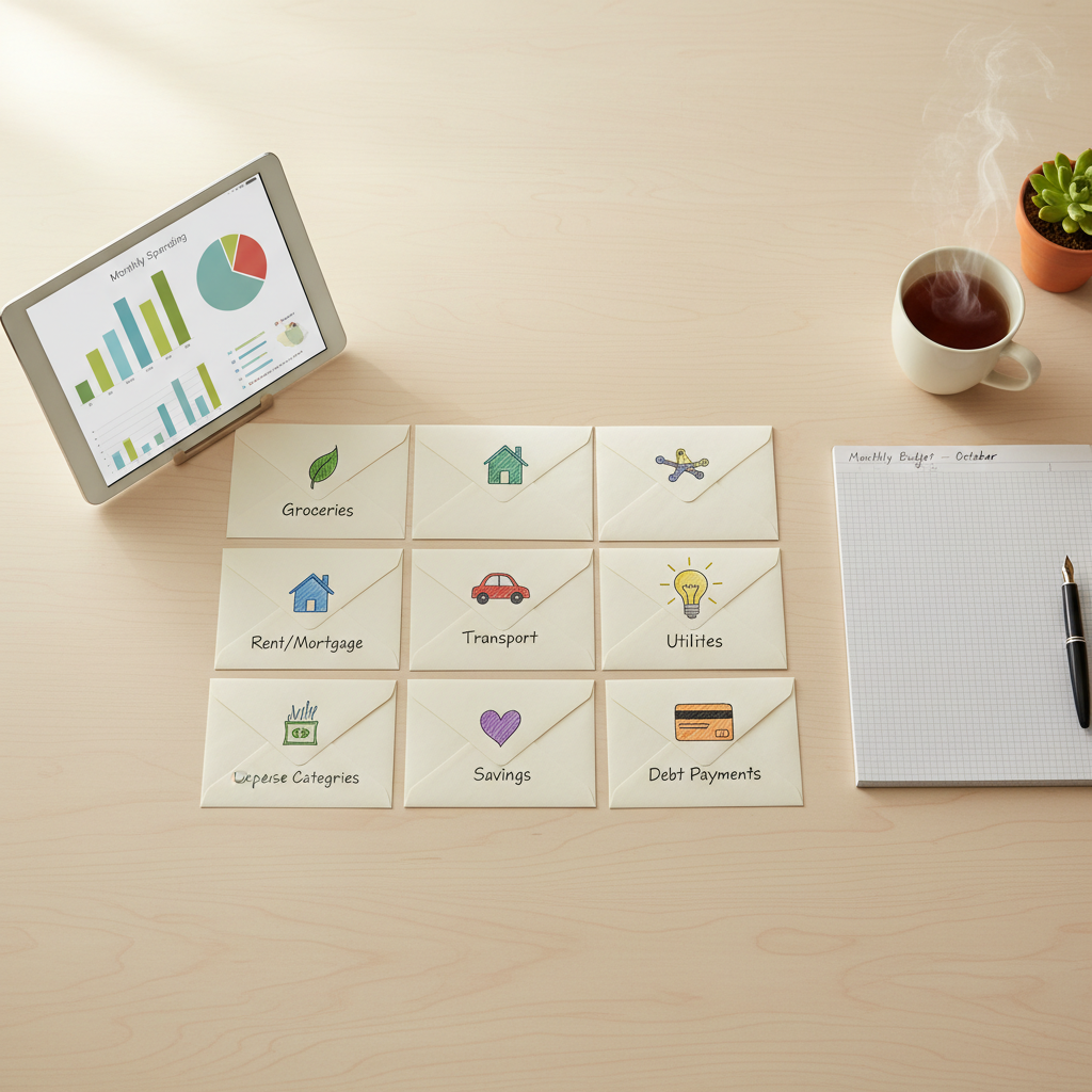 A detailed overhead photographic scene of a kitchen table turned budgeting station, with a pale wooden surface supporting neatly stacked envelopes marked only by colored icons for different expenses, a tablet displaying simple bar and pie charts, and a spiral-bound notebook open to clean, ruled pages filled with orderly lines. Nearby, a simple ceramic mug of tea steams beside a small potted plant, adding warmth. Soft, diffused morning light from a nearby window brightens the table, casting minimal shadows and emphasizing clarity. The composition uses a balanced, top-down layout so every object is visible without clutter. The atmosphere feels organized, hopeful, and approachable, visually representing a clear path to managing monthly bills and planning debt payments in a non-intimidating home setting.