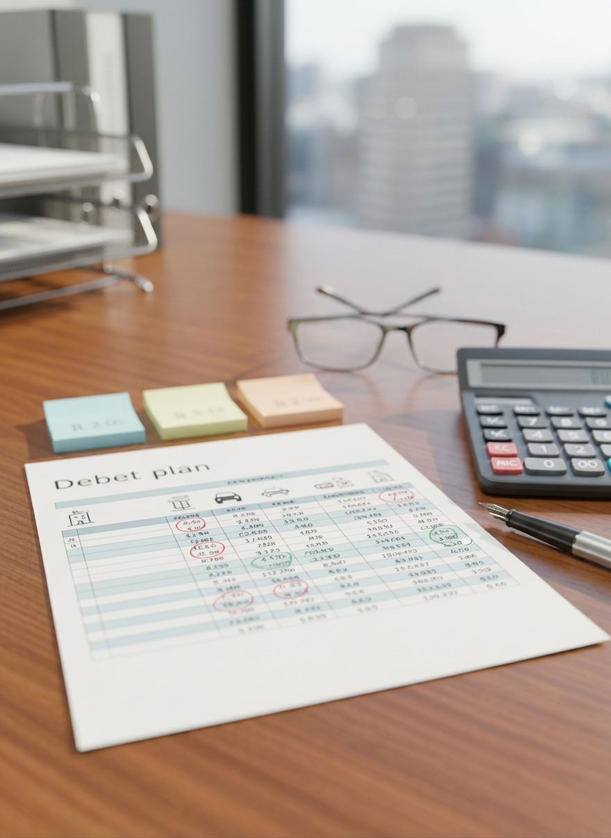 A photographic close-up of a detailed debt management plan in progress, spread across a dark walnut desk. A crisp white worksheet is divided into neat sections using soft blue and green highlight bars, with columns of numbers aligned under abstract category symbols instead of text. Color-coded sticky notes form a tidy row at the top edge, suggesting different creditors and priorities. A sleek gray calculator, a metal pen, and a pair of thin-framed reading glasses rest nearby. Overhead, cool but gentle office lighting creates even illumination with subtle reflections on the calculator buttons. The background fades into a soft blur of a file organizer and a muted city view through a window, evoking a serious yet encouraging mood focused on taking control of debt step by step.
